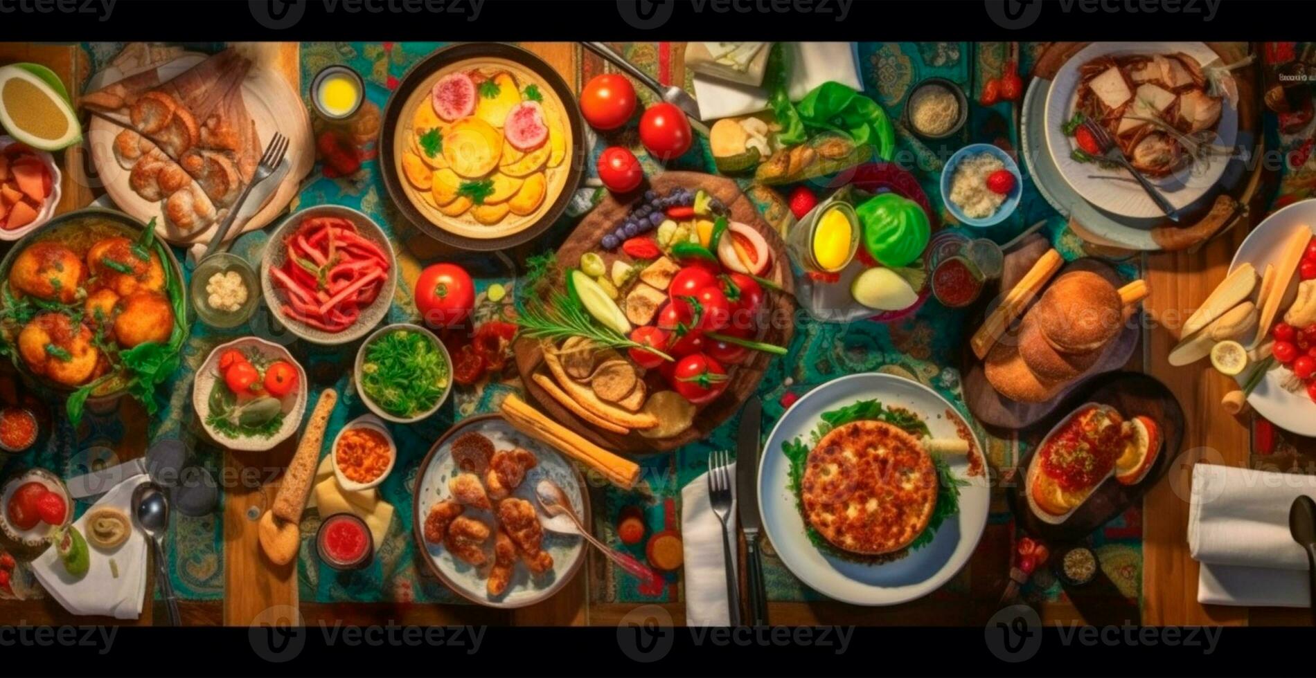 Festive table, many dishes from different countries of the world - AI generated image photo