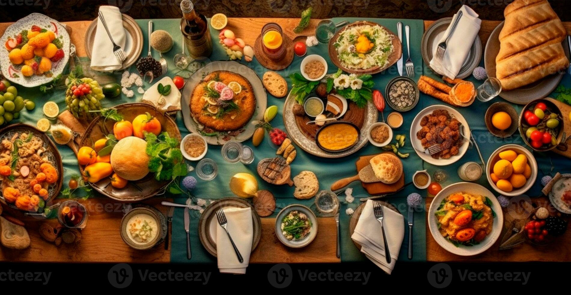 Festive table, many dishes from different countries of the world - AI generated image photo