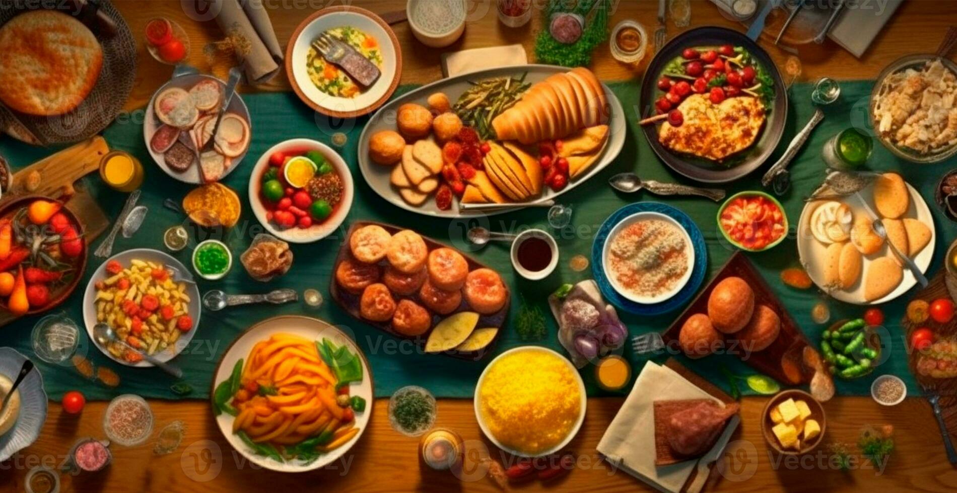 Festive table, many dishes from different countries of the world - AI generated image photo