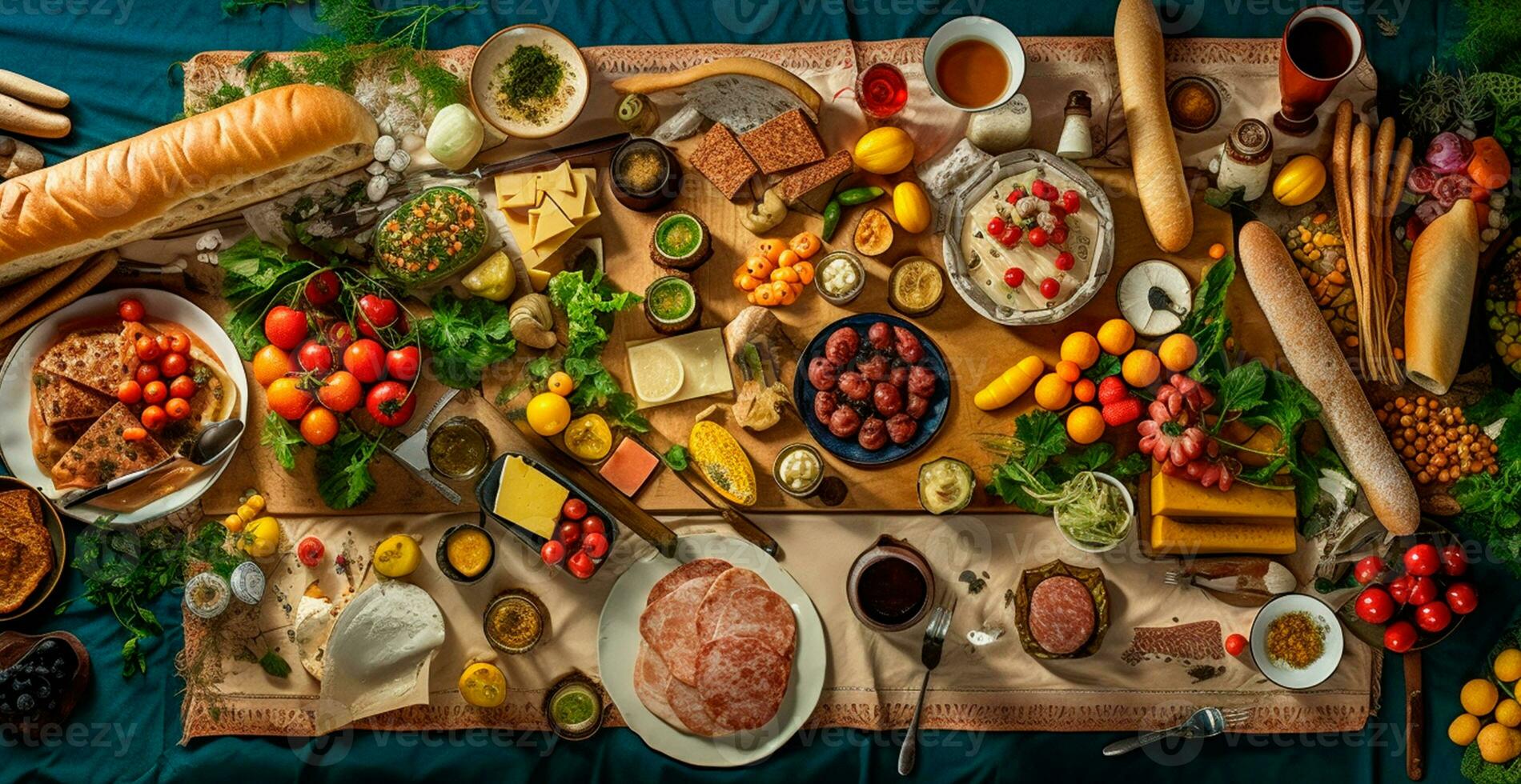 Festive table, many dishes from different countries of the world - AI generated image photo