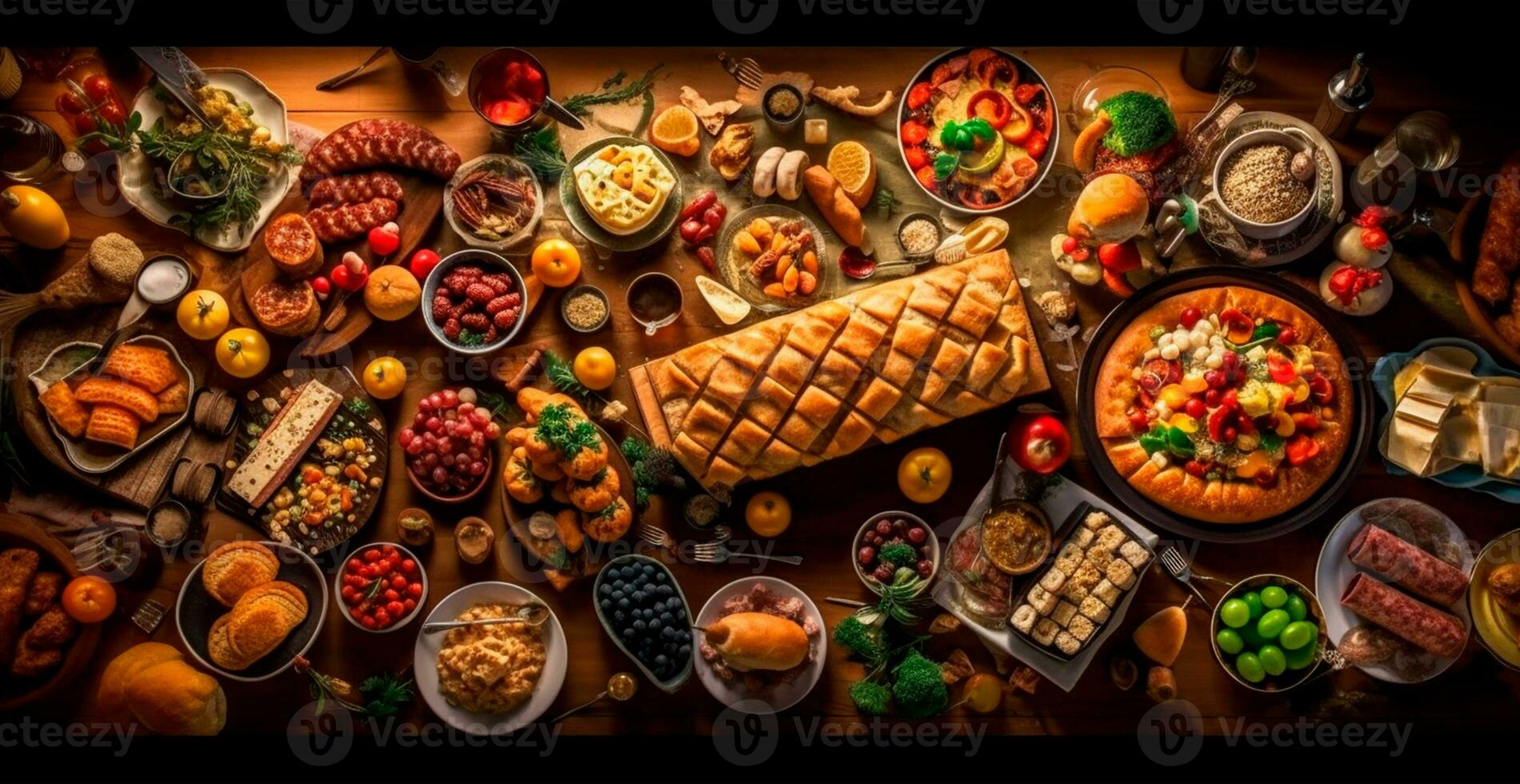 Festive table, many dishes from different countries of the world - AI generated image photo