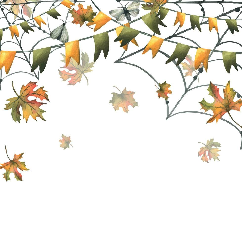 Garlands with flags in green and orange with falling autumn leaves, cobwebs. Watercolor hand drawn illustration for Halloween, Thanksgiving, Harvest Festival. Template, frame on a white background. vector