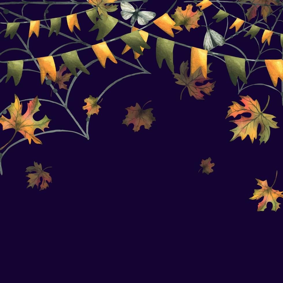Garlands with flags in green and orange with falling autumn leaves, cobwebs. Watercolor hand drawn illustration for Halloween, Thanksgiving, Harvest Festival. Template, frame on a dark background. vector
