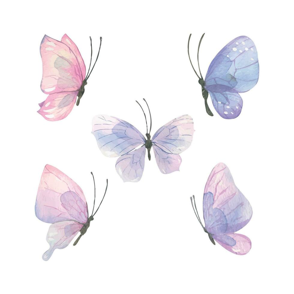 Watercolor illustration of delicate pink-lilac butterflies. A set of different shapes and colors. Airy, light, gentle. For banner design, postcards, clothing, design, posters, wallpaper. vector