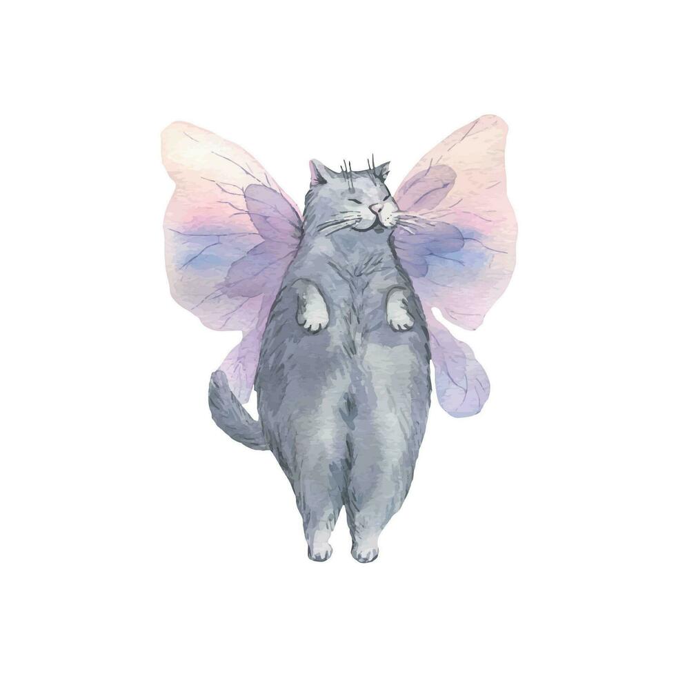 Watercolor illustration of a cute gray cat with butterfly wings. Airy, light, gentle, flying. For banner design, postcards, clothing, design, posters wallpaper vector