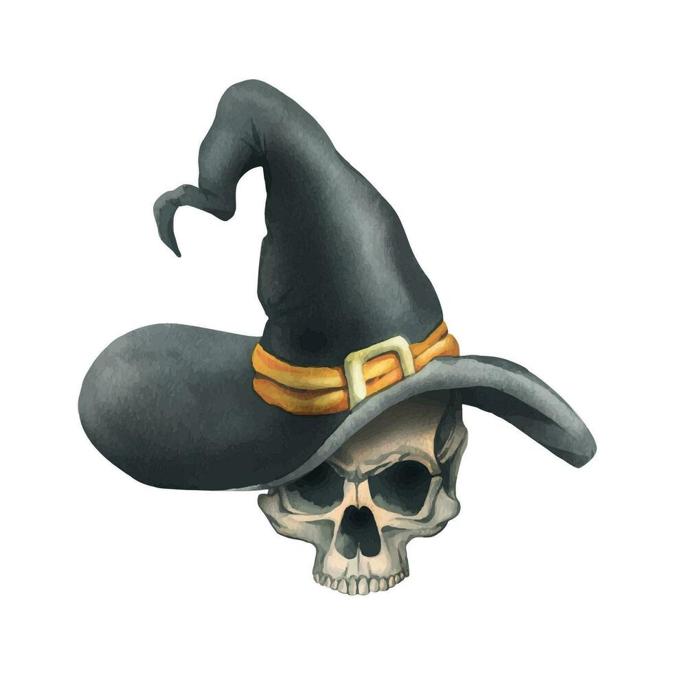 Human skull in black witch hat with orange ribbon and gold buckle for death day and halloween holiday. Watercolor illustration, hand drawn. Isolated composition on a white background vector
