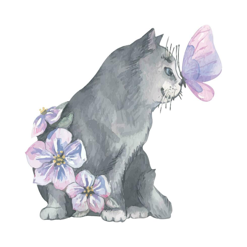 Watercolor illustration of a cute gray cat with a butterfly on its nose. Airy, light, gentle, flying. For banner design, postcards, clothing, design, posters, wallpaper vector