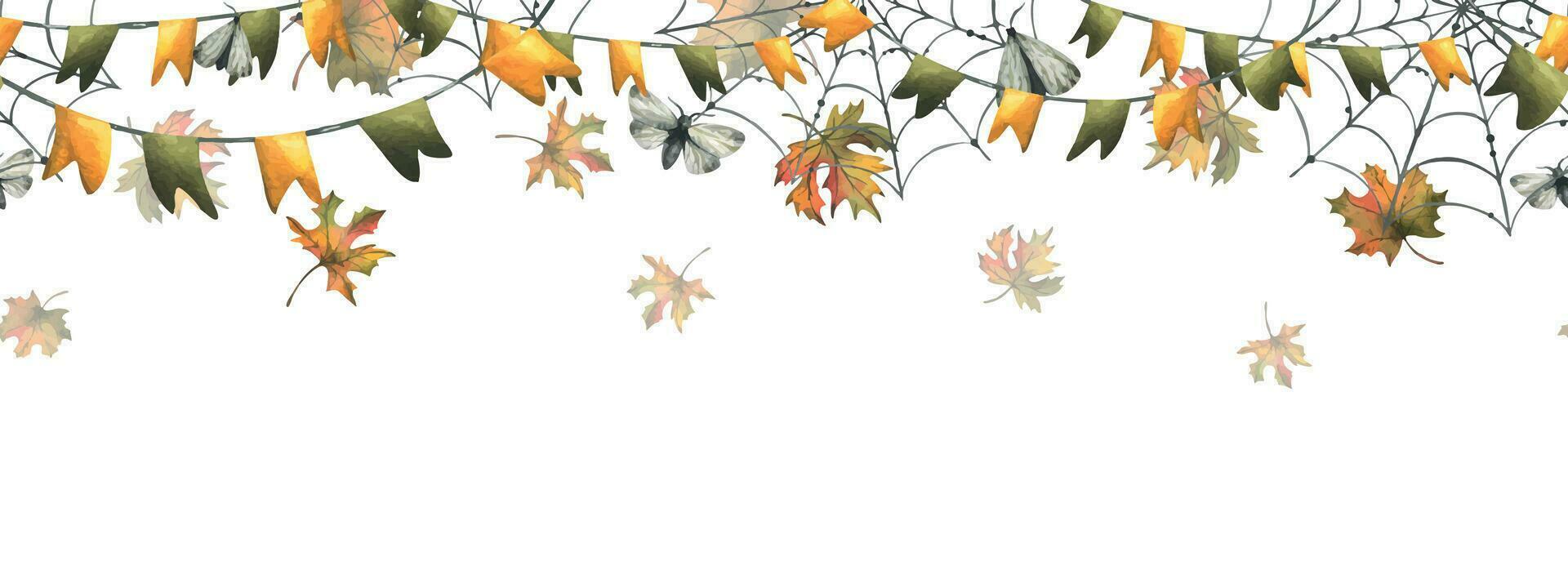 Garlands with flags in green and orange with falling autumn leaves. Watercolor hand drawn illustration for Halloween, Thanksgiving, Harvest Festival. Seamless border on a white background. vector