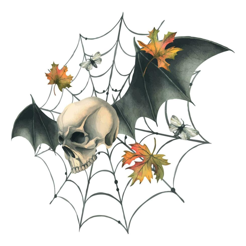 Human skull flying with bat wings, night moths, cobweb and autumn maple leaves. Hand drawn watercolor illustration for Halloween. Isolated composition on a white background vector