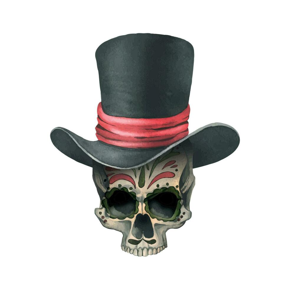 Ornamented human skull in a black top hat with a red ribbon. Hand drawn watercolor illustration for day of the dead, halloween, Dia de los muertos. Isolated object on a white background vector