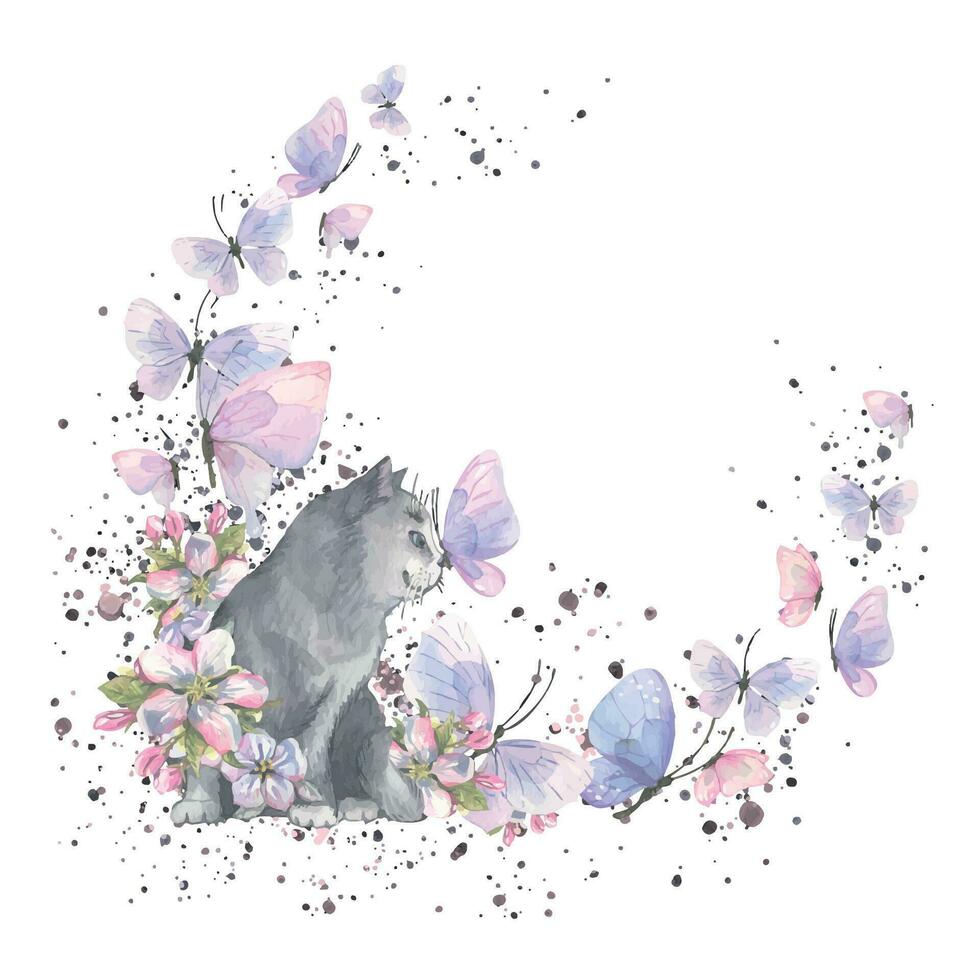 Watercolor illustration frame with a cute gray cat, delicate flowers and airy butterflies and splashes of paint. For the design and decoration of postcards, posters, banners, spas, wallpapers vector