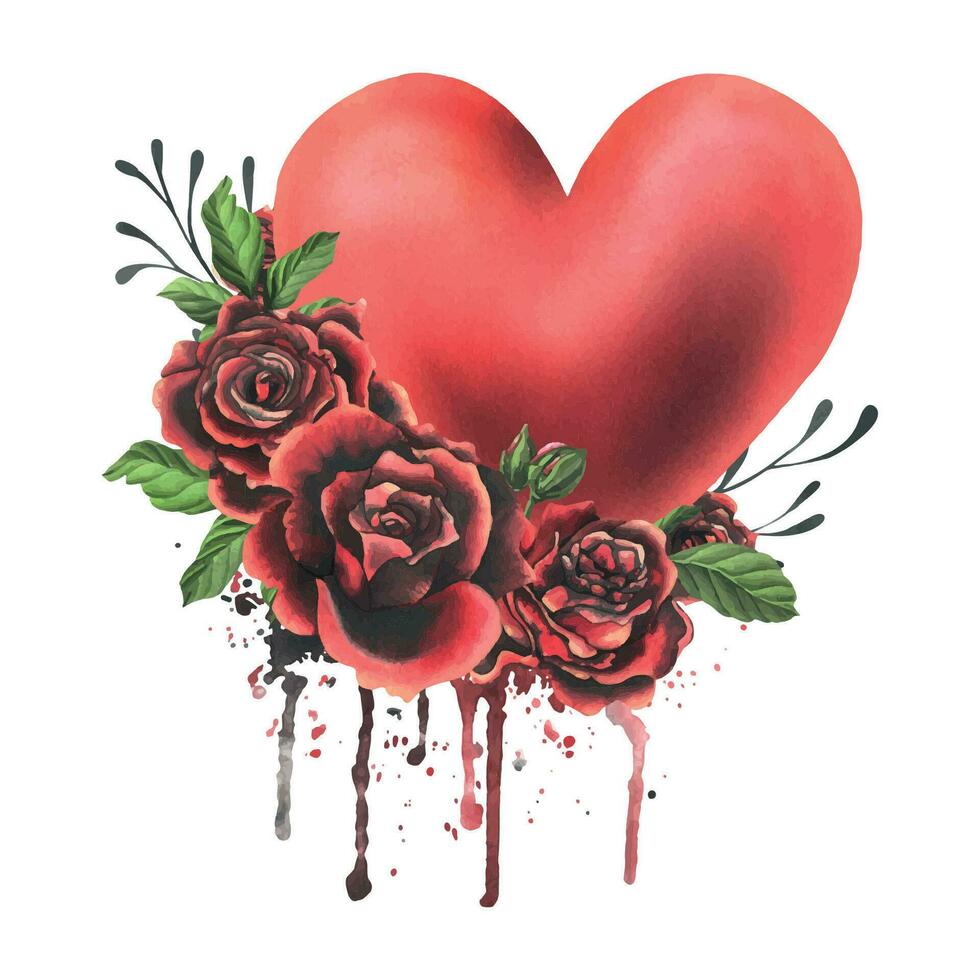 Red heart with roses and leaves with splashes and smudges of paint. Watercolor hand drawn illustration for Valentine s Day, wedding, romance. Isolated composition on a white background vector