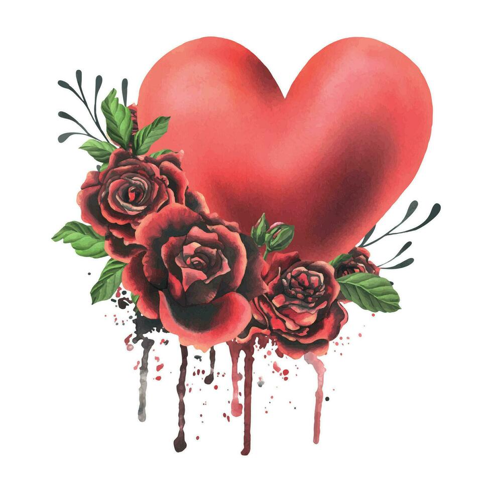 rojo corazón con rosas y hojas con salpicaduras y manchas de pintar. acuarela mano dibujado ilustración para enamorado s día, boda, romance. aislado composición en un blanco antecedentes vector