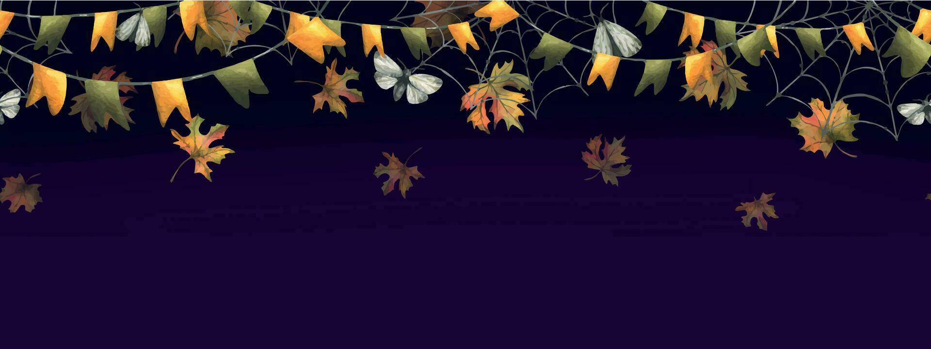 Garlands with flags in green and orange with falling autumn leaves. Watercolor hand drawn illustration for Halloween, Thanksgiving, Harvest Festival. Seamless border on a dark violet background vector