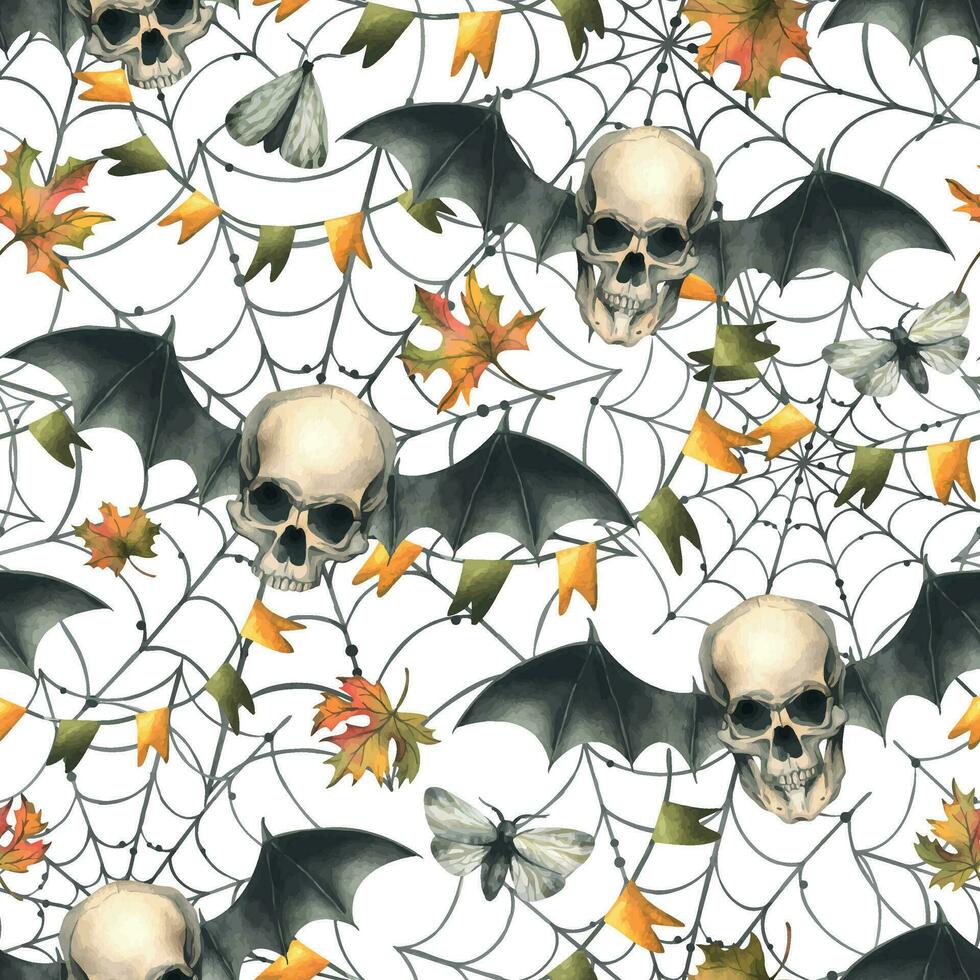 Human skulls with bat wings, cobwebs, garlands of flags and autumn leaves. Hand drawn watercolor illustration for Halloween and Day of the Dead. Seamless pattern on a white background. vector