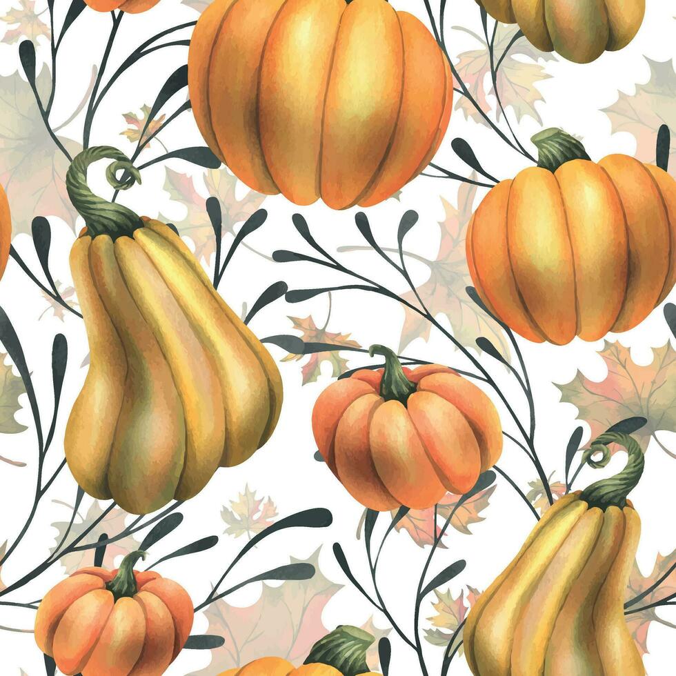 Orange autumn pumpkins with maple leaves and branches. Watercolor illustration, hand drawn. Seamless pattern on a white background. vector