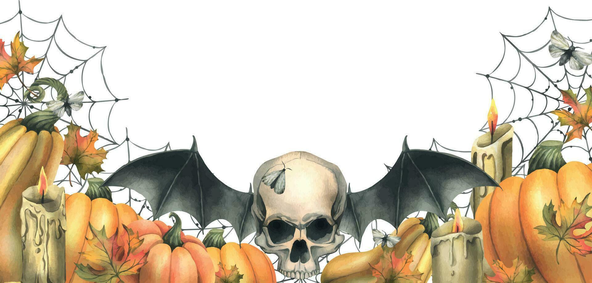 Human skull with bat wings, orange pumpkins, cobwebs, candles and autumn maple leaves. Hand drawn watercolor illustration for Halloween. Frame, template on white background vector
