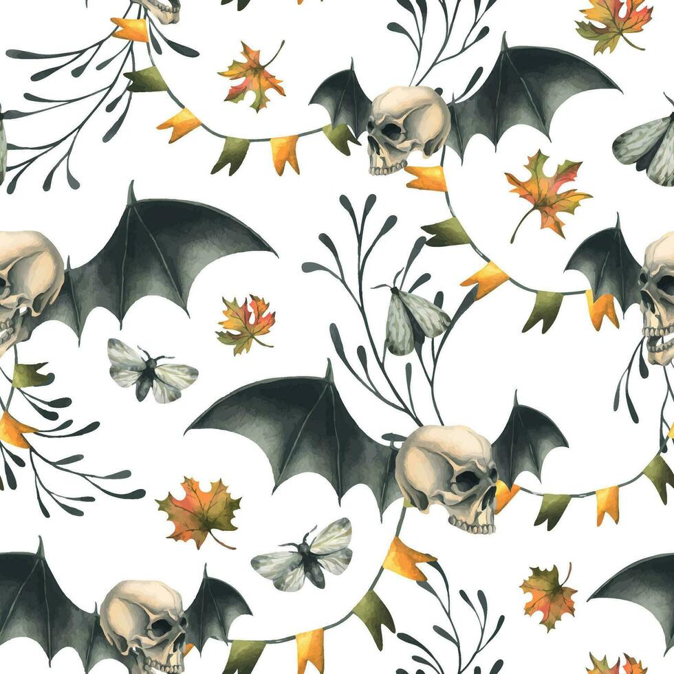 Human skulls with bat wings, branches, moths, garlands of flags and autumn leaves. Hand drawn watercolor illustration for Halloween and Day of the Dead. Seamless pattern on a white background. vector