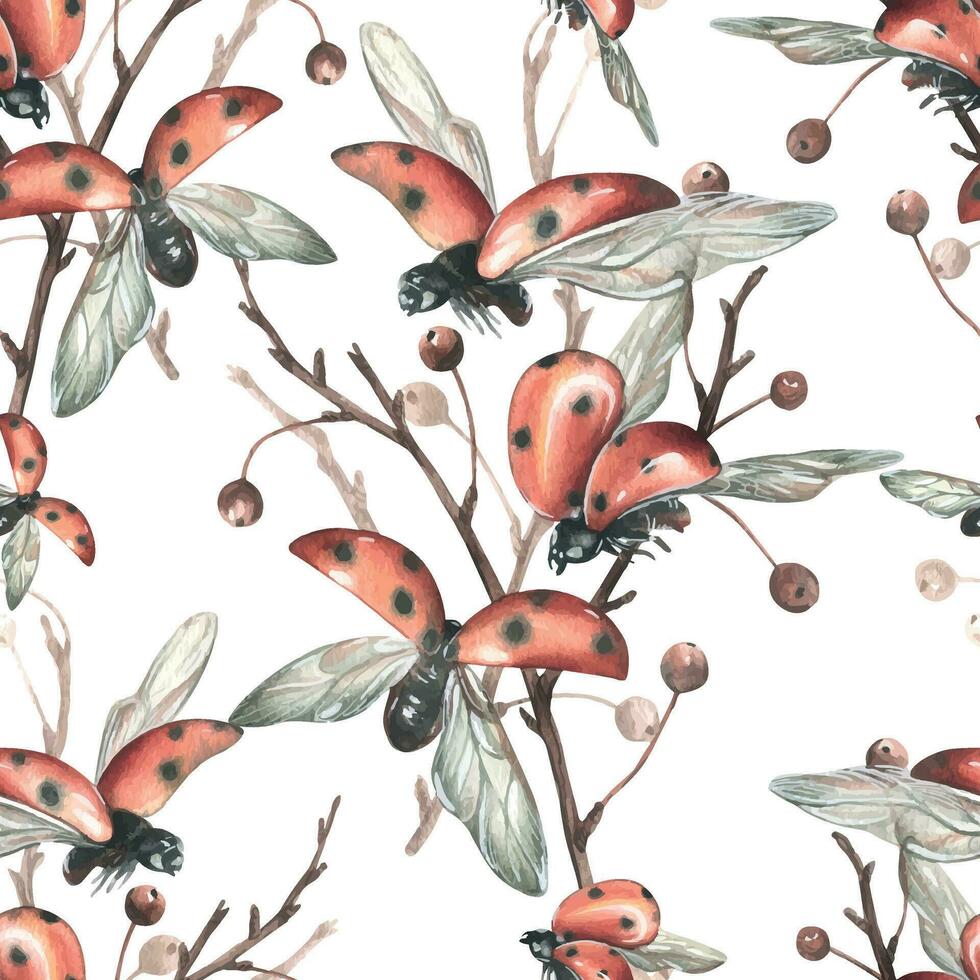 Ladybugs in flight from different angles against the background of autumn apple branches. Watercolor illustration hand drawn. Seamless pattern on white background vector