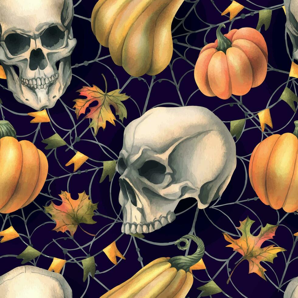 humano cráneo con naranja calabazas, telarañas, guirnaldas de banderas y otoño hojas. mano dibujado acuarela ilustración para Víspera de Todos los Santos y día de el muerto. sin costura modelo en un oscuro púrpura antecedentes vector