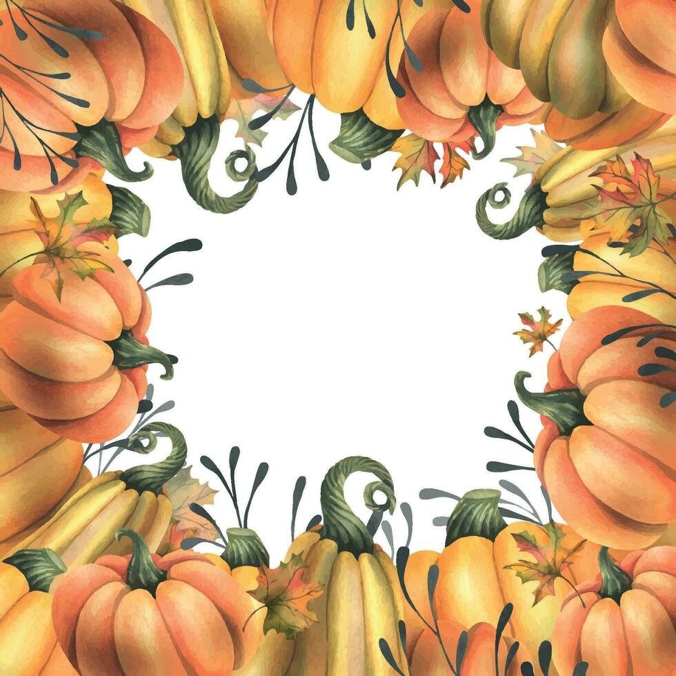 Orange autumn pumpkins with maple leaves and twigs. Watercolor illustration, hand drawn. Frame, template, board on a white background vector