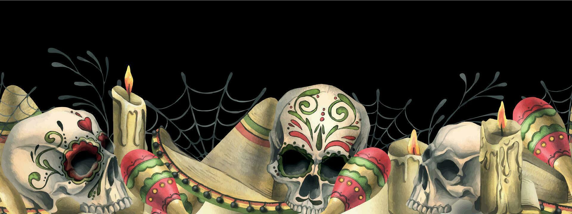 Ornamented human skull with a sombrero hat, maracas and candles. Hand drawn watercolor illustration for day of the dead, halloween, Dia de los muertos. Seamless border on a black background. vector