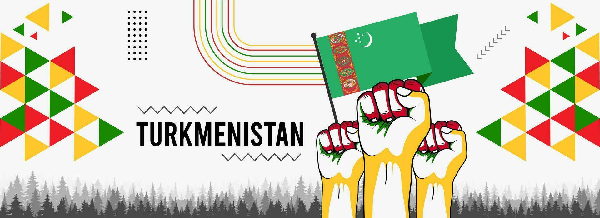 Turkmenistán nacional o independencia día resumen bandera diseño con bandera y mapa. bandera color tema geométrico modelo retro moderno ilustración diseño. verde, rojo y amarillo color modelo. vector