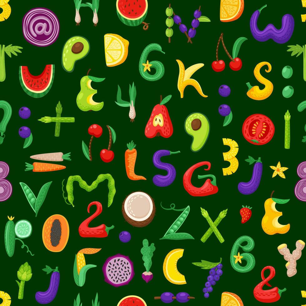 Cartoon fruit, vegetable letters, numbers pattern vector