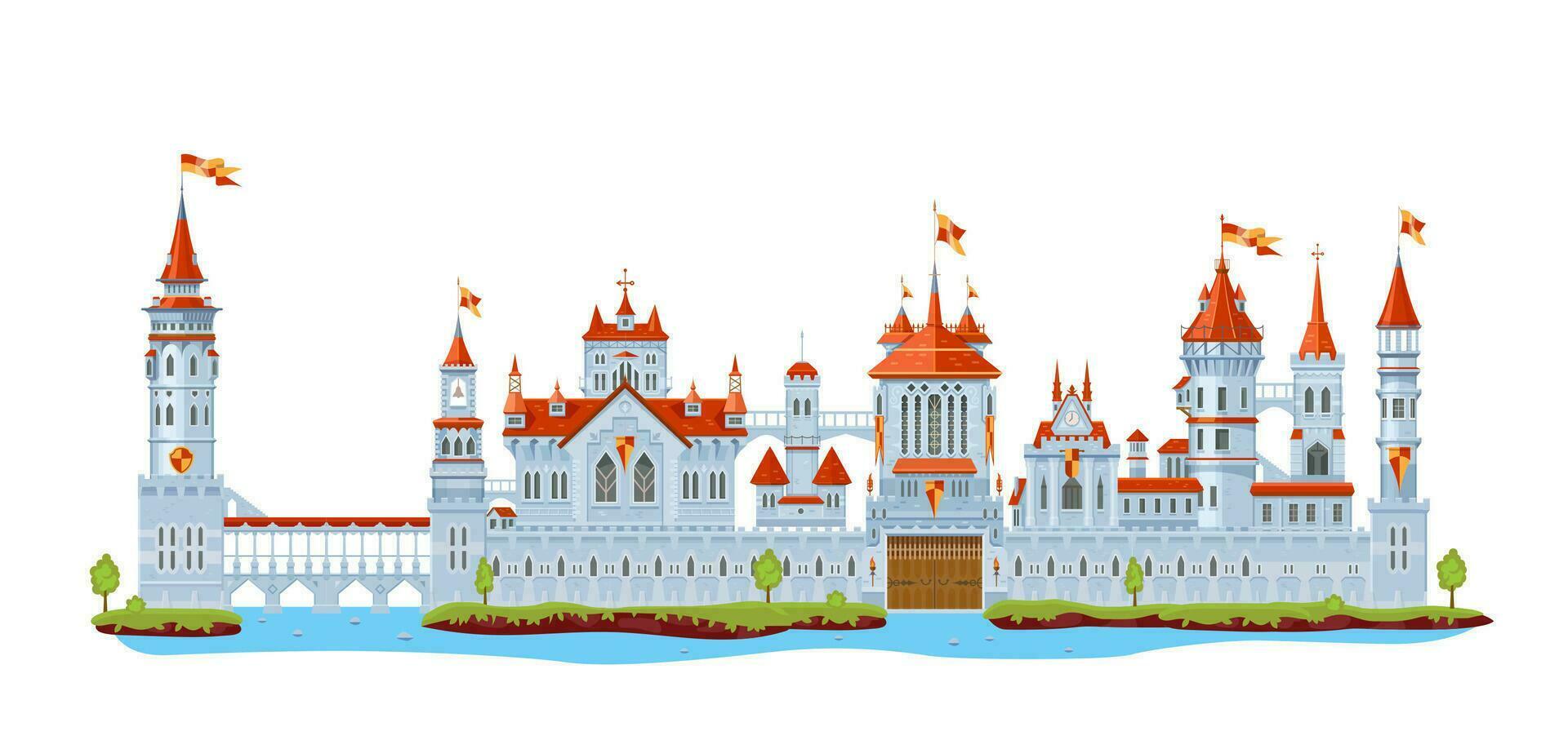 Medieval fortress castle tower, wall and palace vector