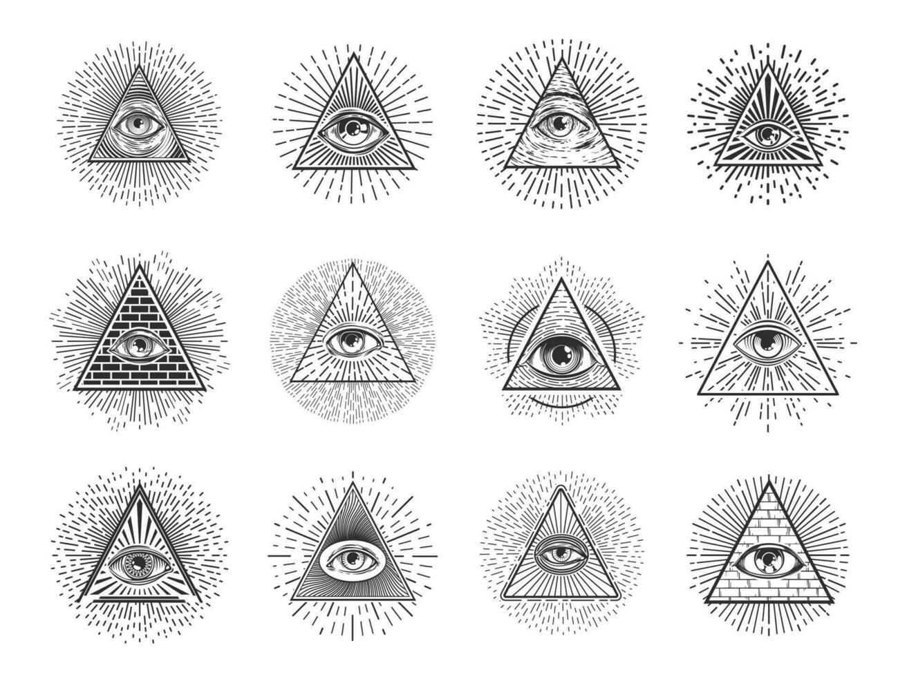 Illuminati eyes, mason pyramid triangles of occult vector