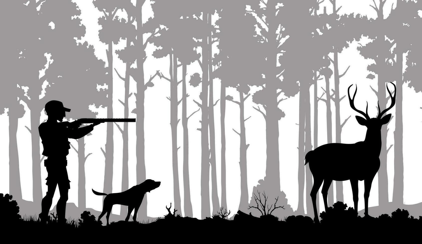 Hunting silhouette. Hunter, dog and deer in forest vector