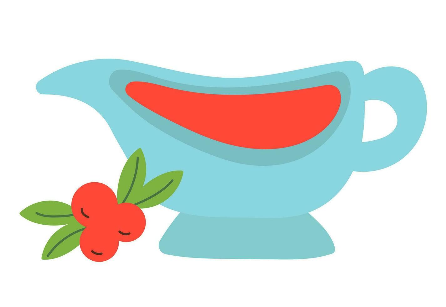 Gravy Boat With Cranberry Sauce and berries. Vector Flat Illustration.
