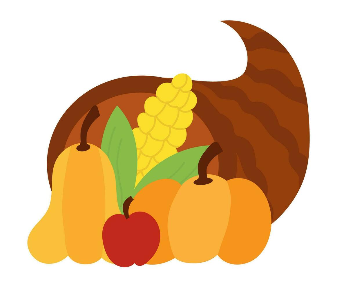 Thanksgiving Day cornucopia full of harvest. Apple, pumpkins and corn. Happy Harvest. Vector flat illustration.