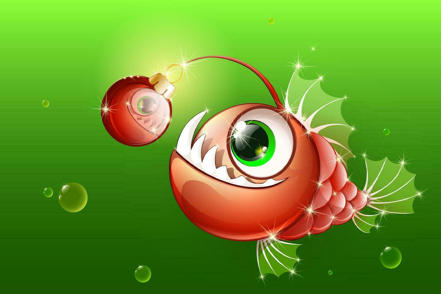 Funny cartoon red anglerfish with Christmas ornament on the lure. vector