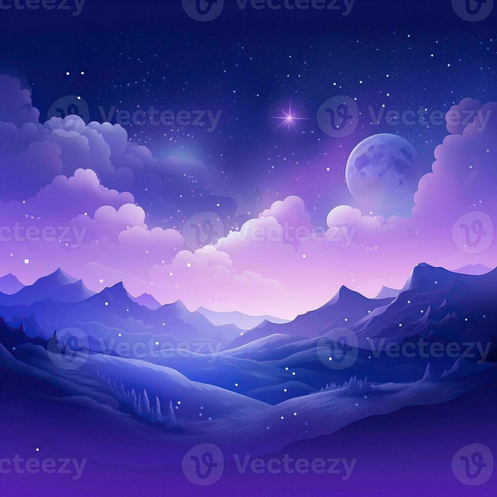 Purple night landscape, image of nature, sky, mountains. Generative AI photo