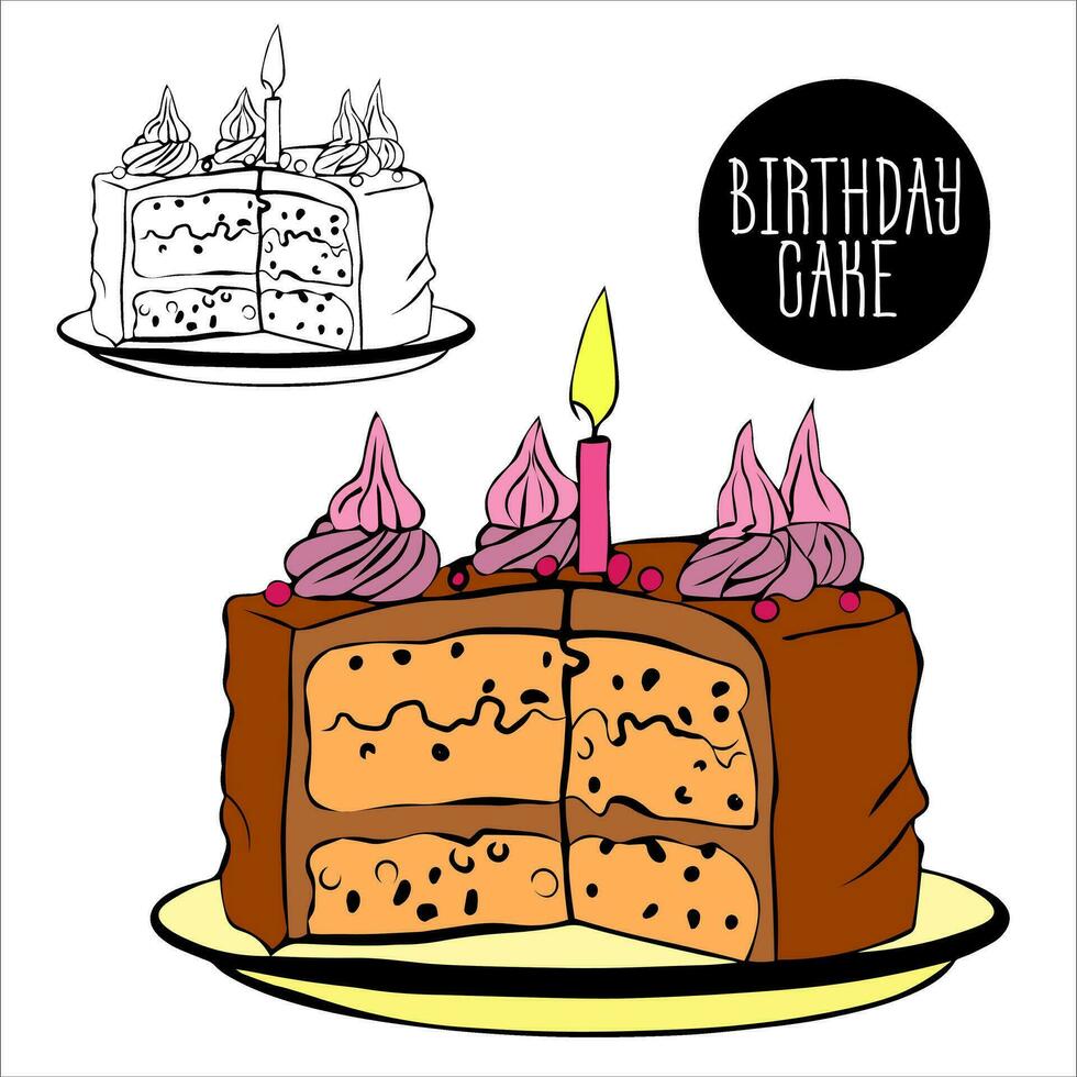 birthday cake with chocolate icing and burning candle, cut piece of baking. vector