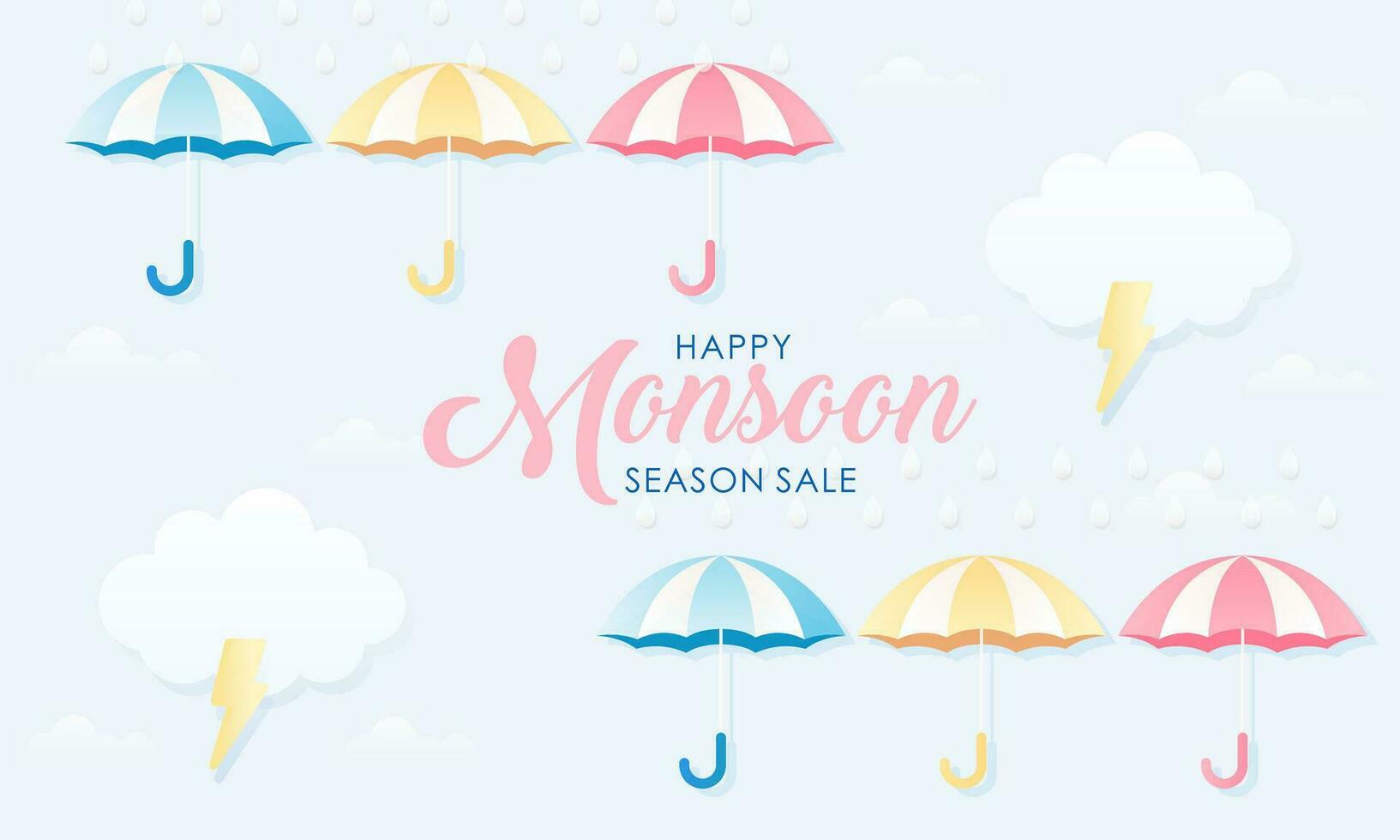 Cute Pastel Color Scheme and Paper Cut Style Happy Monsoon Season Sale Banner Background vector