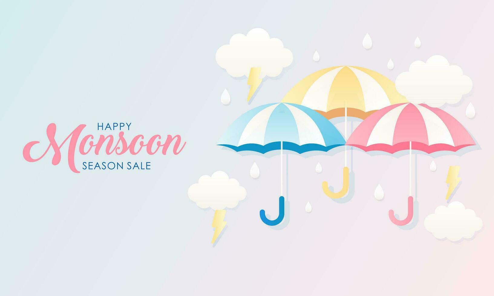 Cute Pastel Color Scheme and Paper Cut Style Happy Monsoon Season Sale Banner Background vector