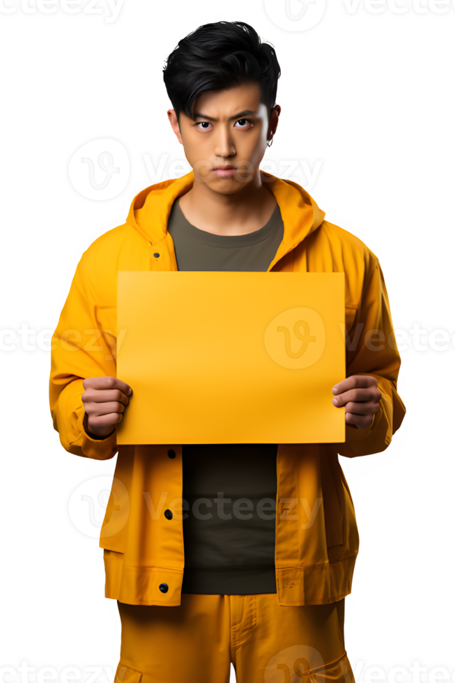 asian man in yellow clothes holding yellow paper with angry expression isolated on transparent background ,generative ai png