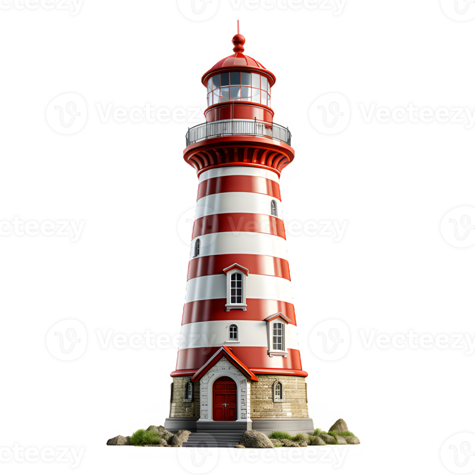 lighthouse isolated on transparent background ,red and white striped lighthouse png ,generative ai