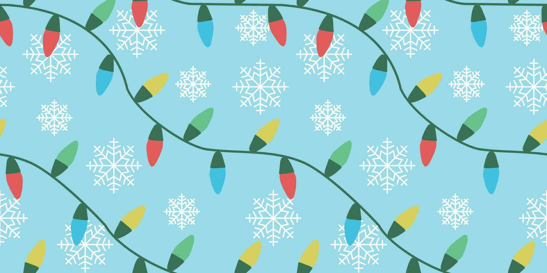 Christmas Garland Seamless Pattern. Color lights and snowflakes on blue background. Flat vector illustration. New Year Gift Wrapping paper template, Wallpaper, Poster.