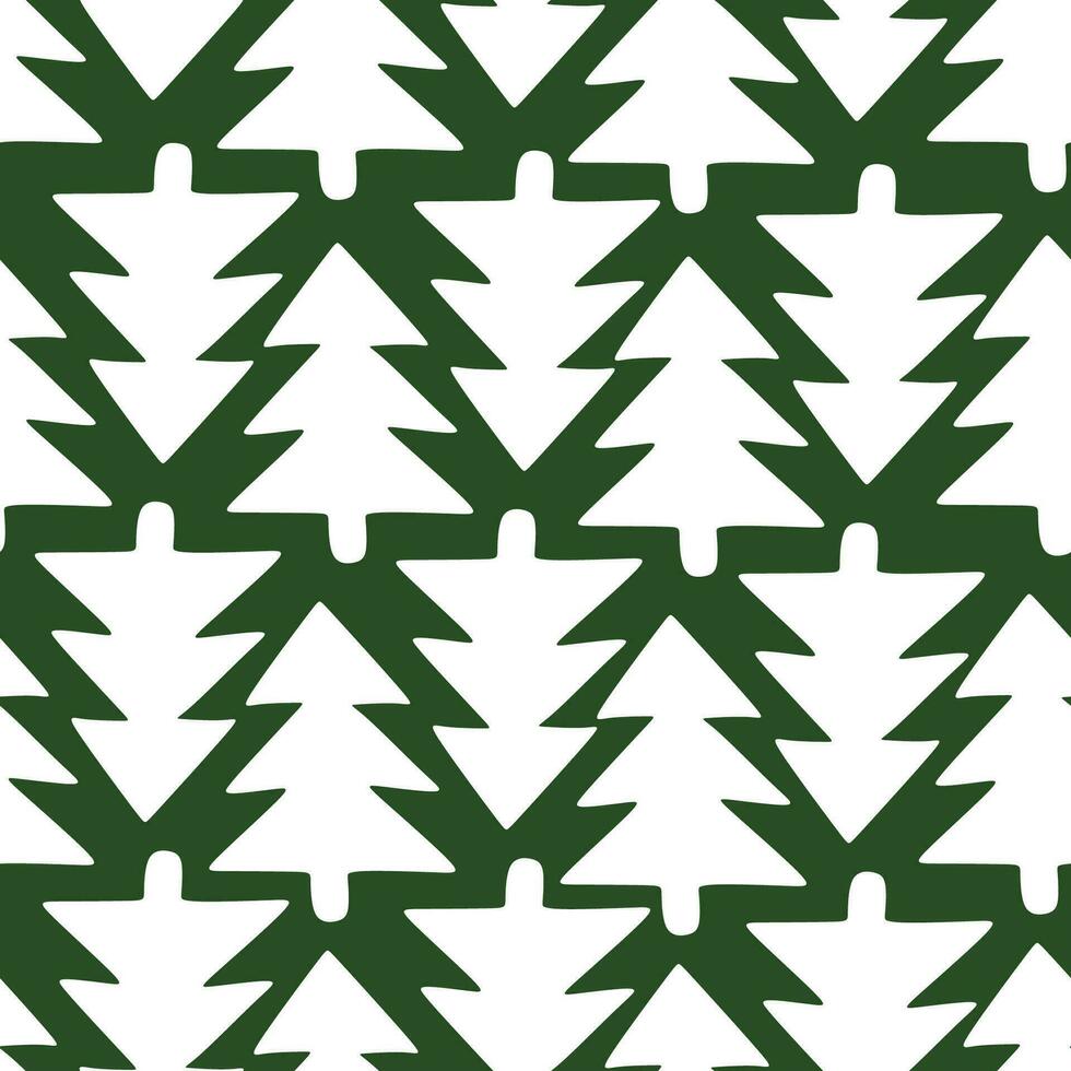 Vector seamless pattern with white Christmas trees on green background. Cute New Year pattern with evergreen fir trees for wrapping paper, Wallpaper, Poster, Textile and fabric.