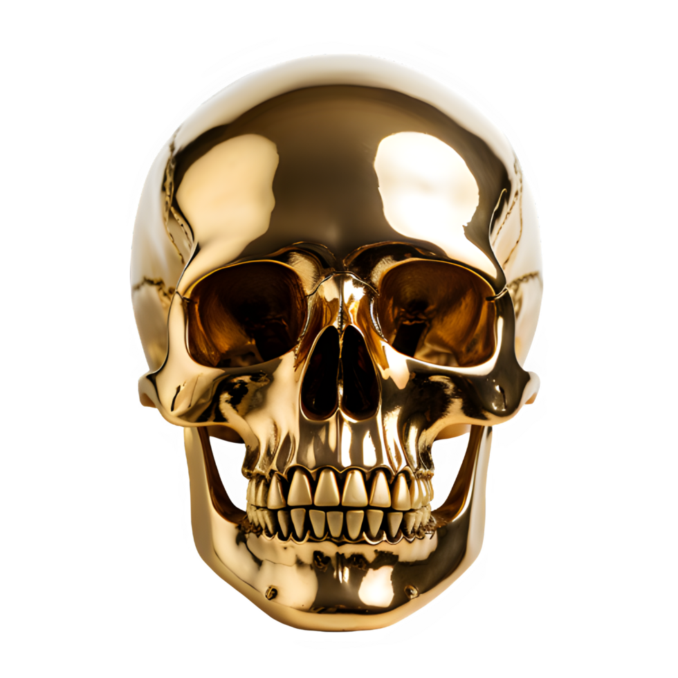 gold skull isolated on transparent background ,golden skull carving front view png ,generative ai