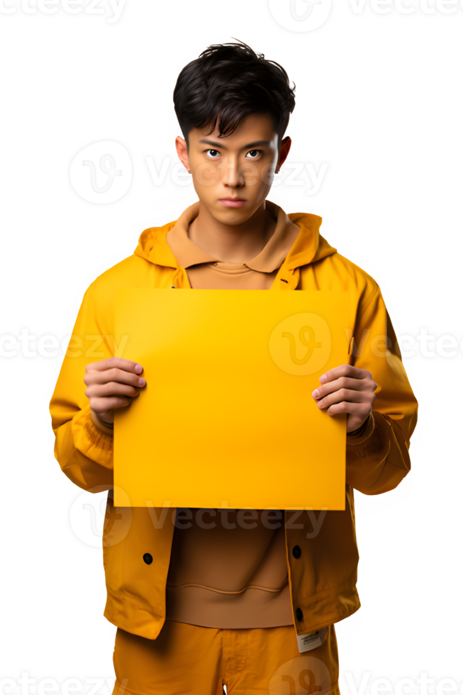 asian man in yellow clothes holding yellow paper with angry expression isolated on transparent background ,generative ai png