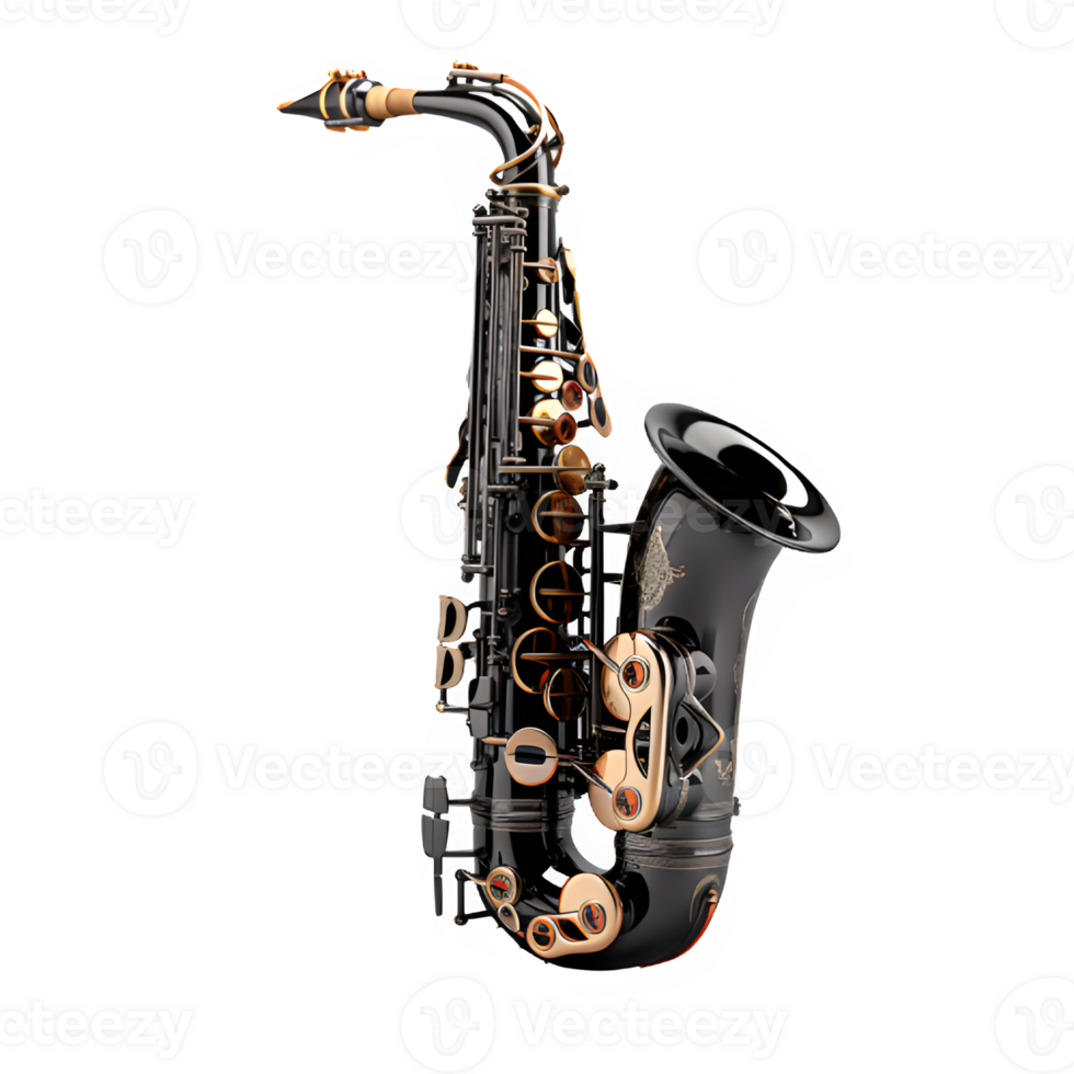 black saxophone png ,saxophone musical instrument isolated on transparent background ,generative ai