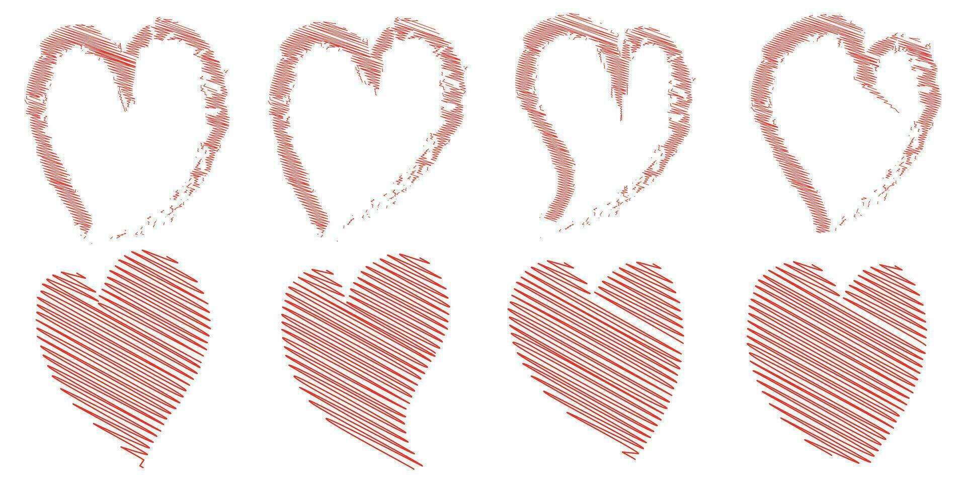 Vector set of hand drawn hearts. Red heart icons set on white background.