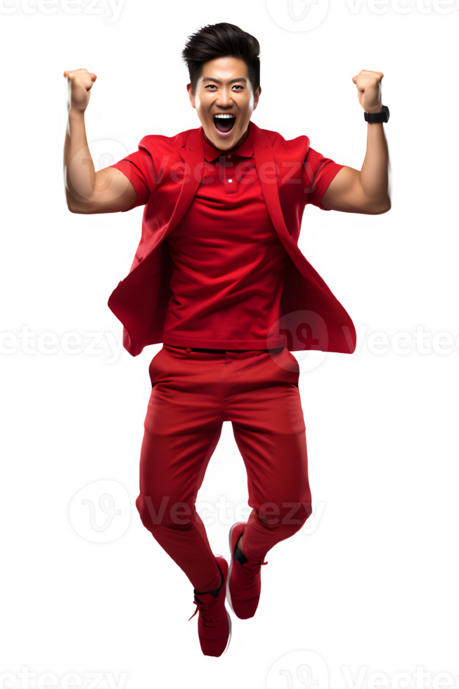 asian man posing jumping celebrating success isolated on transparent background ,generative ai png