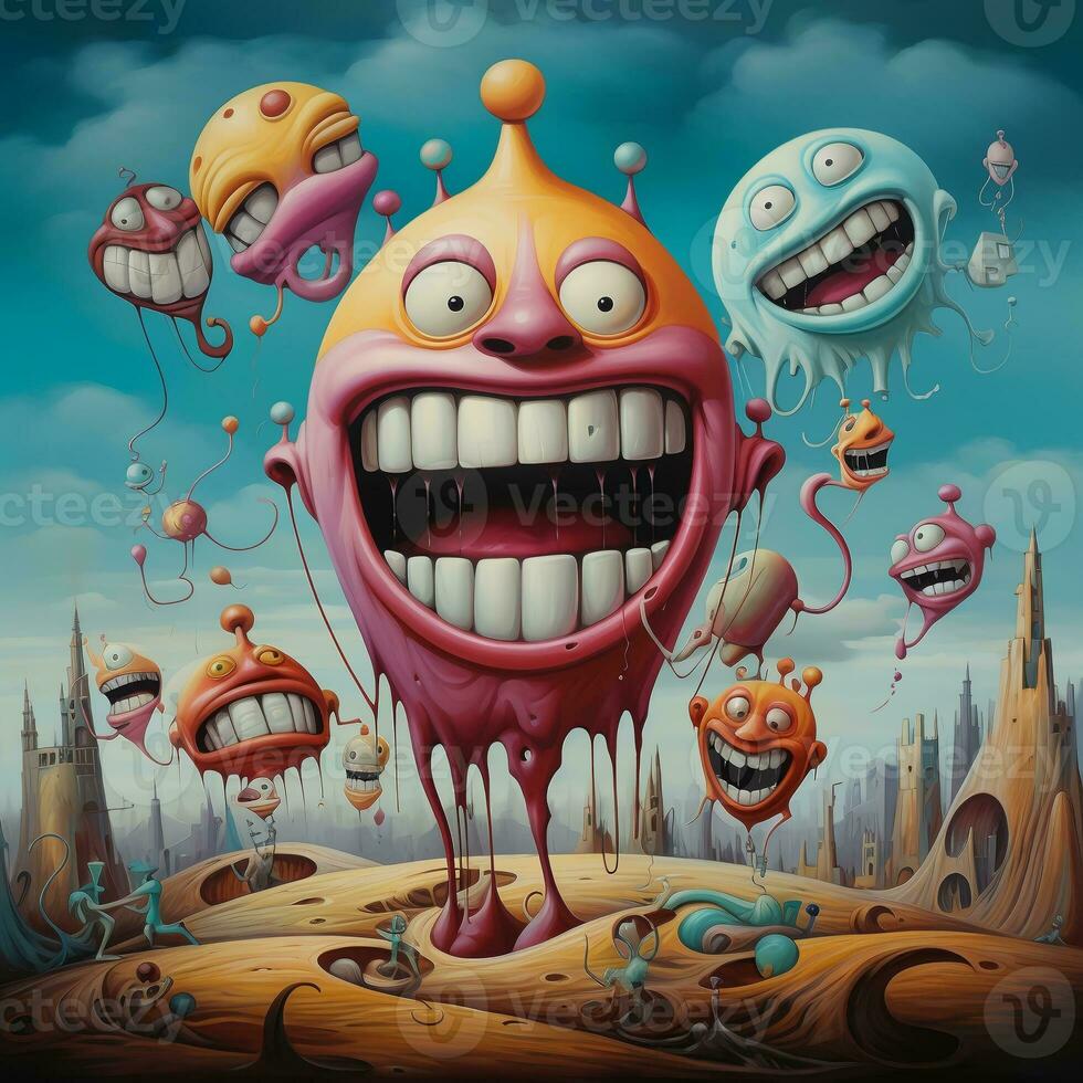Surreal worlds. Psychedelic Poster with fantastic landscapes, mystical characters. AI Generated. photo