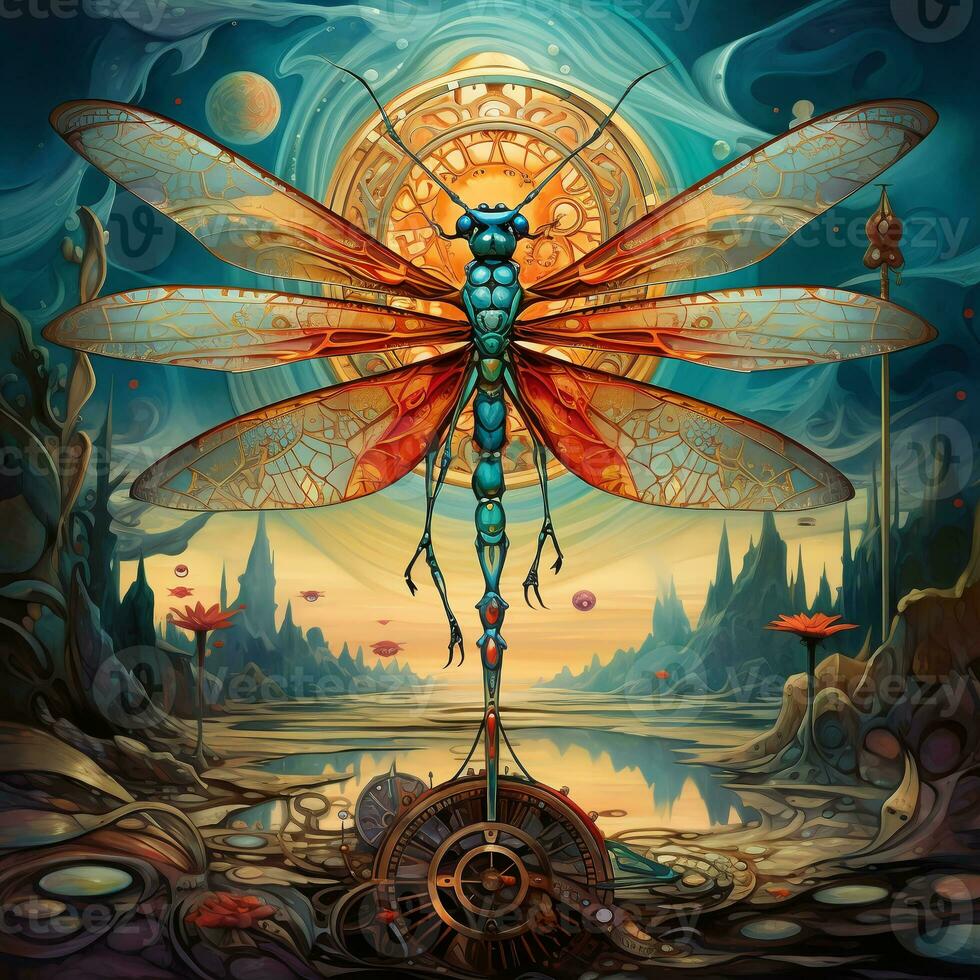 Surreal worlds. Psychedelic Poster with fantastic landscapes, mystical characters. AI Generated. photo