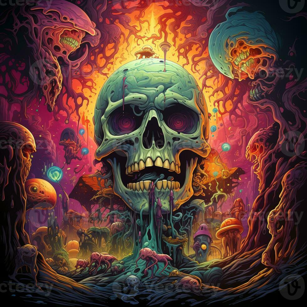 Surreal worlds. Psychedelic Poster with fantastic landscapes, mystical characters. AI Generated. photo